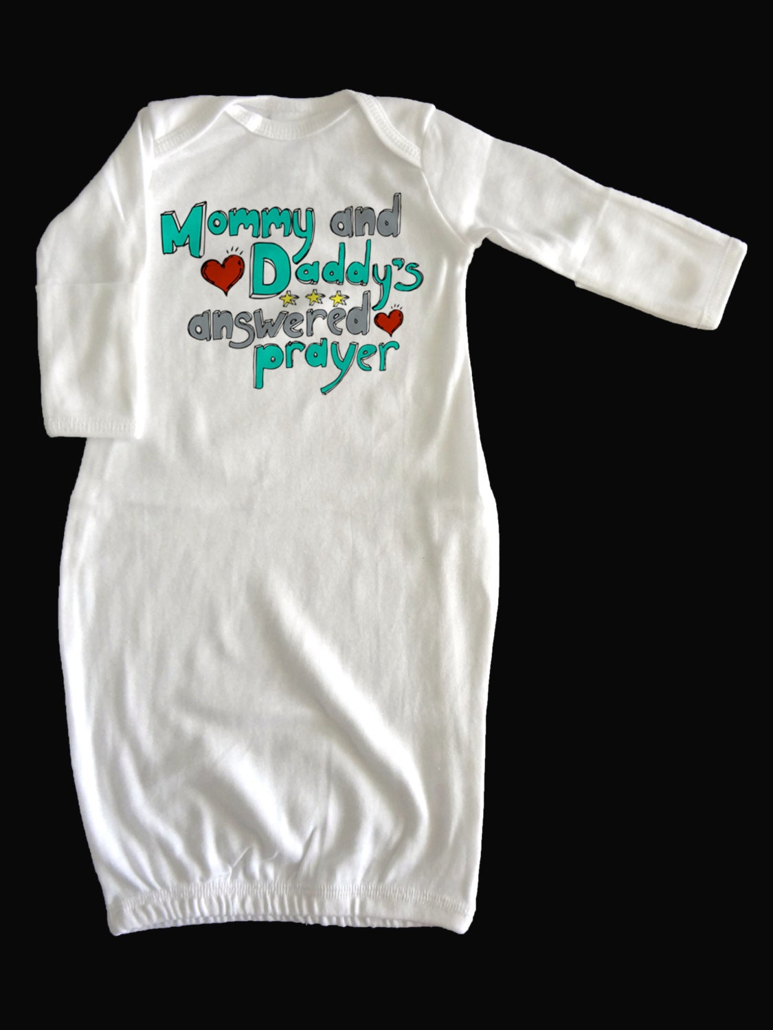 Mommy and Daddy's Answered Prayer Newborn Layette - Baby Hospital Gown-  Long Sleeve w/Fold Over Mitten Cuffs and Elastic Bottom