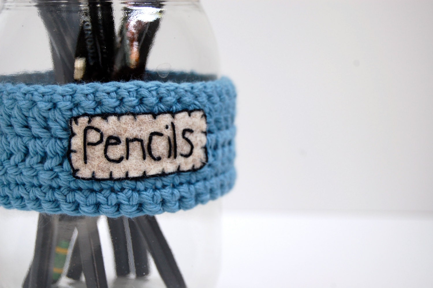 Pencil Holder Label, Office Organizer, Mason Jar Label, Crocheted in Blue