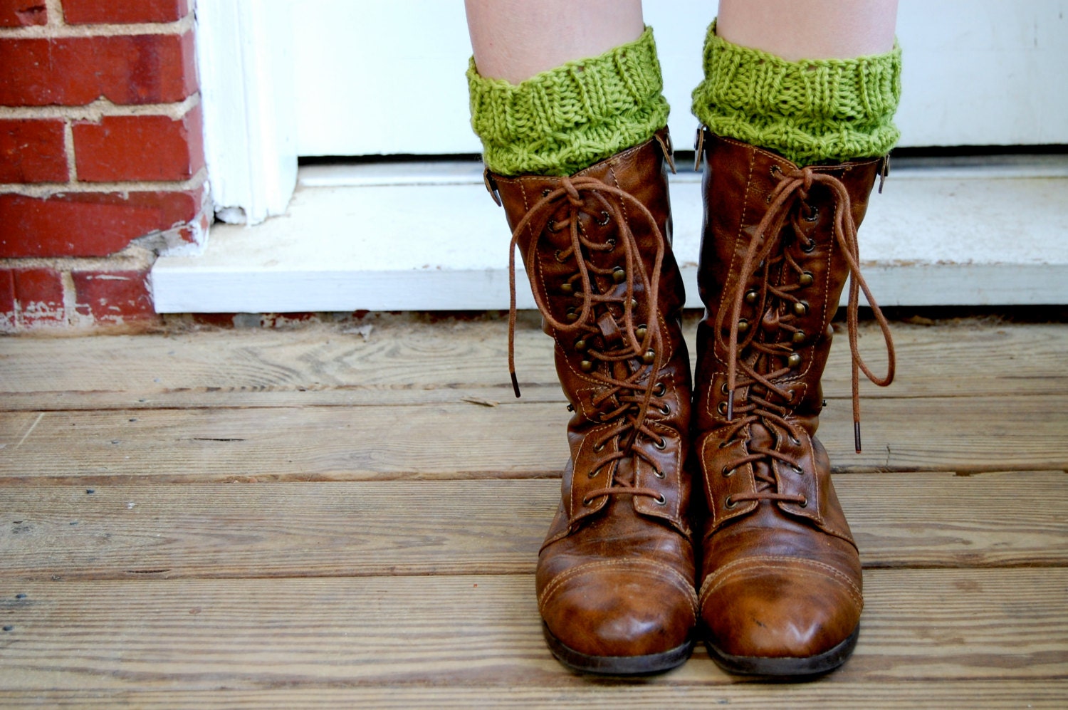Knitted Boot Cuffs, Boot Toppers, in Lime Green Wool, Honeycomb Texture