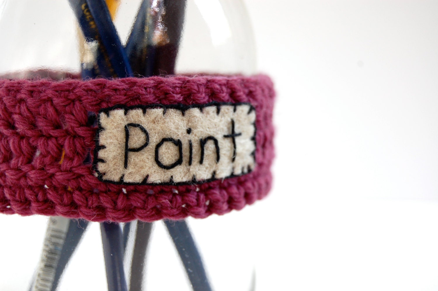 Paint Brush Holder, Craft Organizer, Mason Jar Label, Crocheted in Purple