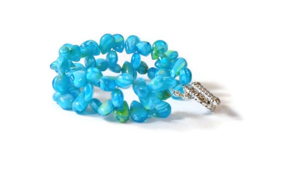 Aqua Teardrop Beaded Bracelet, Handmade Bracelet, Beaded Jewelry