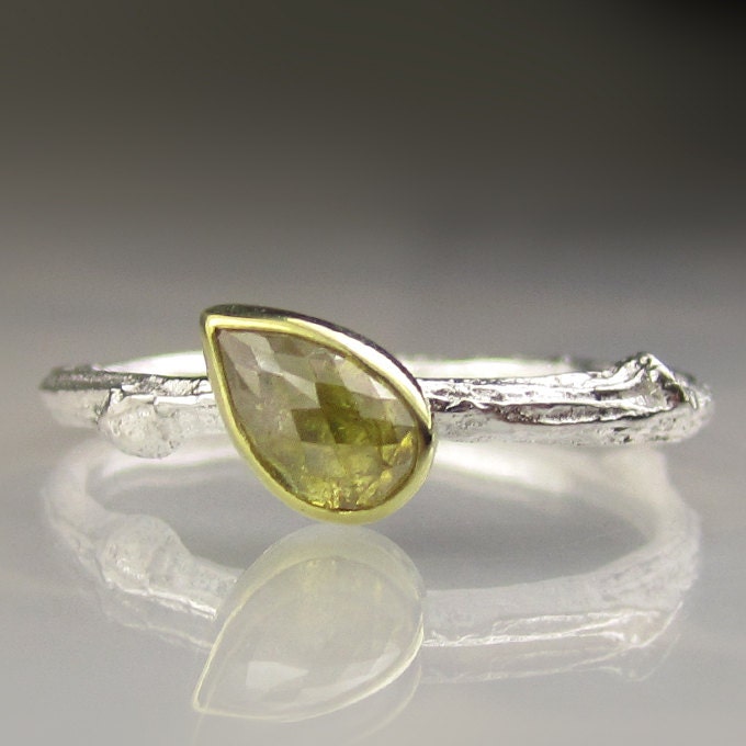 Rose Cut Diamond Twig Ring - 18k Gold and Sterling Silver - Engagement Ring