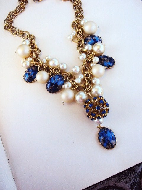 Vintage Repurposed Bib Charm Necklace Pearls Rhinestones and glass foiled Stones Blue Sapphire