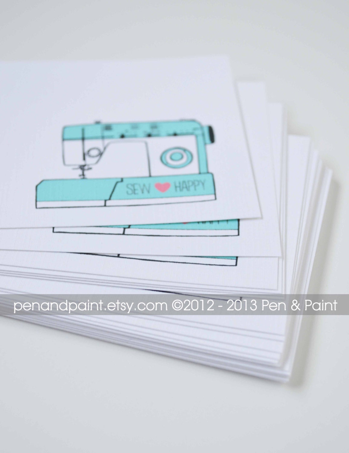 CHOOSE your color Set of 48 Sew Happy Mini Cards, Sewing, Sewing Machine, Illustration, Quote, Note cards, 2.75 x 4.25 inches