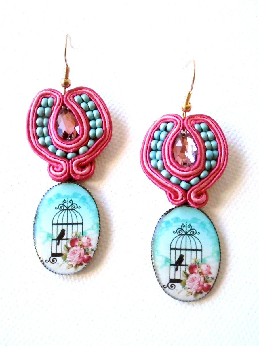 Framboise and aqua  earrings, soutache jewelry  ,  romantic spring