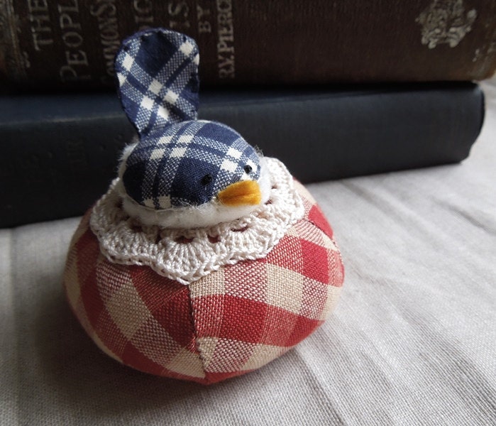 Small Americana Bird Pincushion Rustic Red White and Blue