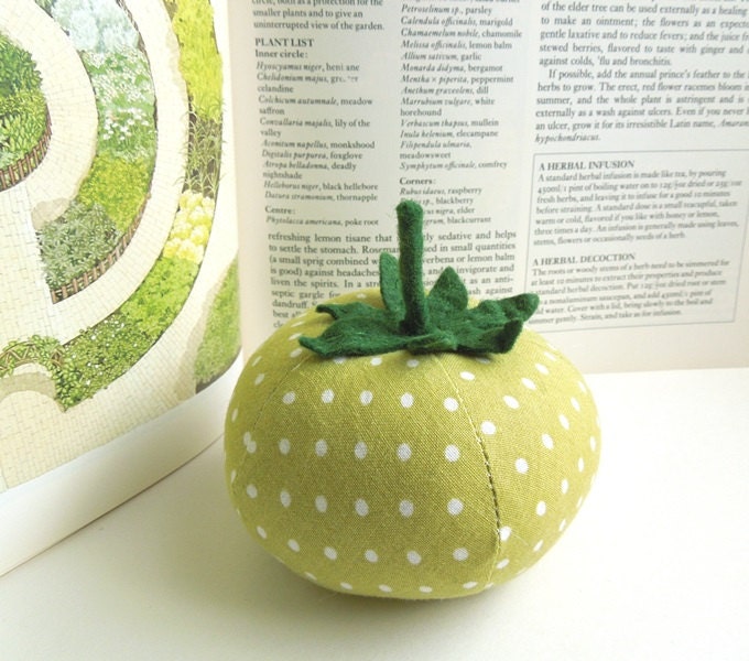 Light Green Polka Dot Tomato Pincushion
