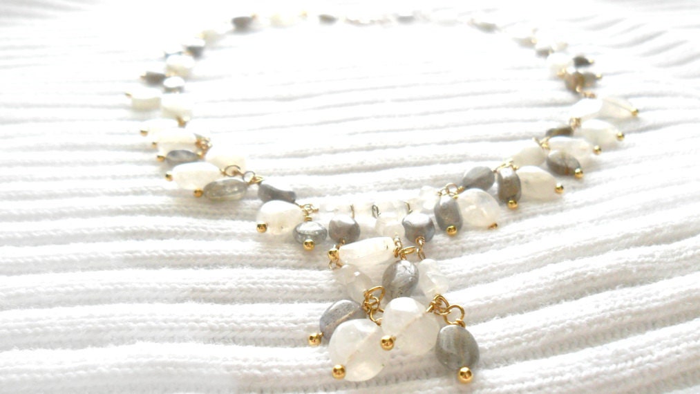 Delicate Labradorite Moonstone /  Wire Wrapped Necklace / Cascade statement necklace / Gemstone Gold filled