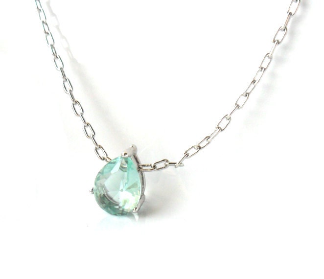 Something Blue Aquamarine March birthstone Silver Framed Erinite Teardrop Glass Stone platinum plated chain Bridal  simple jewelry Solitare