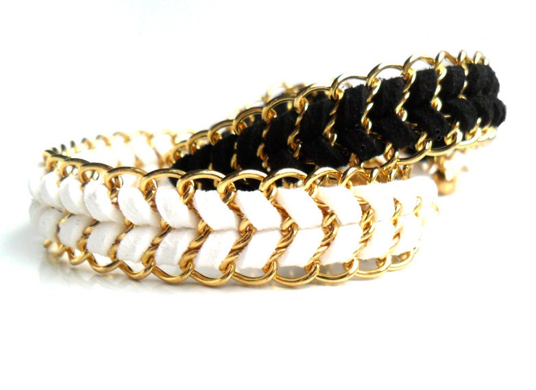 Chain Bracelet  Black Chevron leather Gold chain bracelet  metallic Friendship bracelet