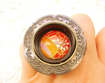 Japanese Chiyogami Ring Vintage Door Pull  Statement Ring Big Bold