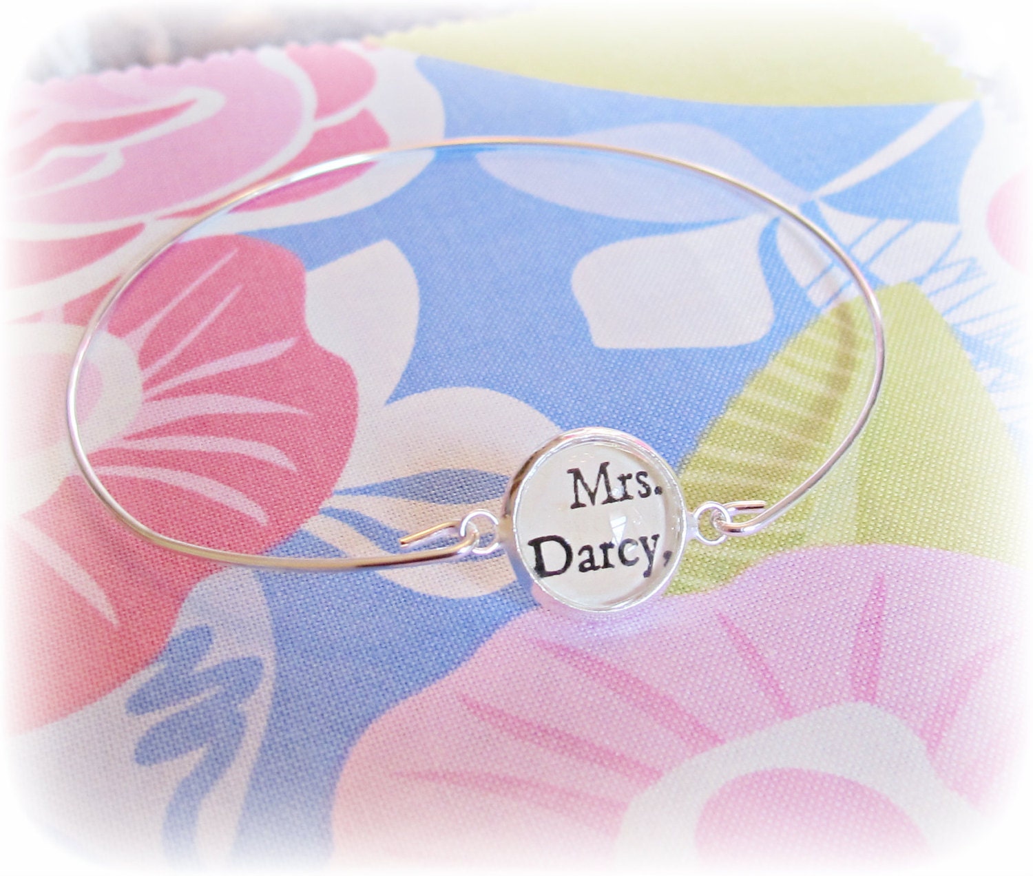 Mrs Darcy Bangle Bracelet Vintage Jane Austen Pride and Prejudice Silver Text Name