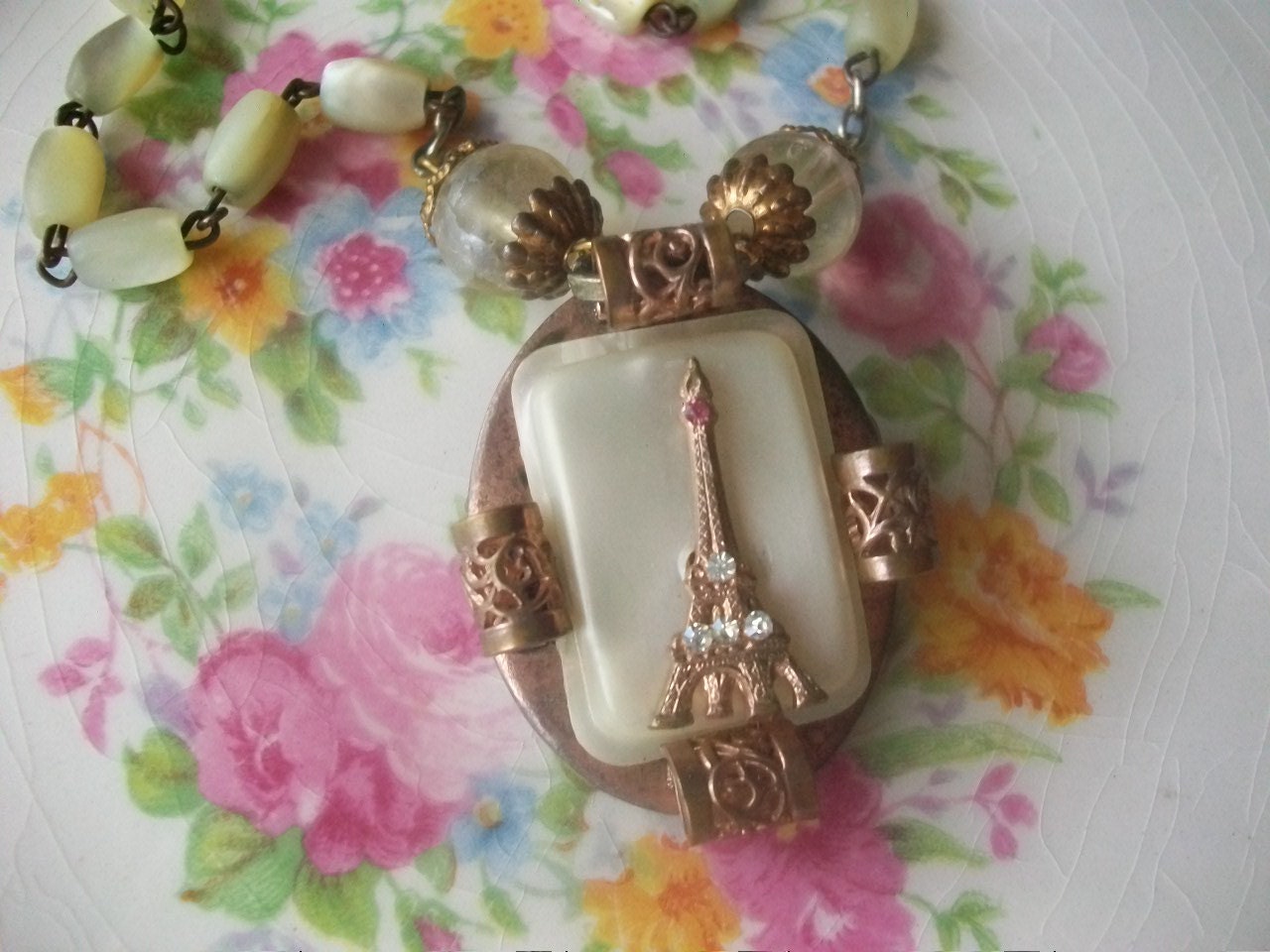 Springtime In Paris - Vintage Celluloid Rhinestone Eiffel Tower Assemblage Necklace, French Chic, Shabby Chic