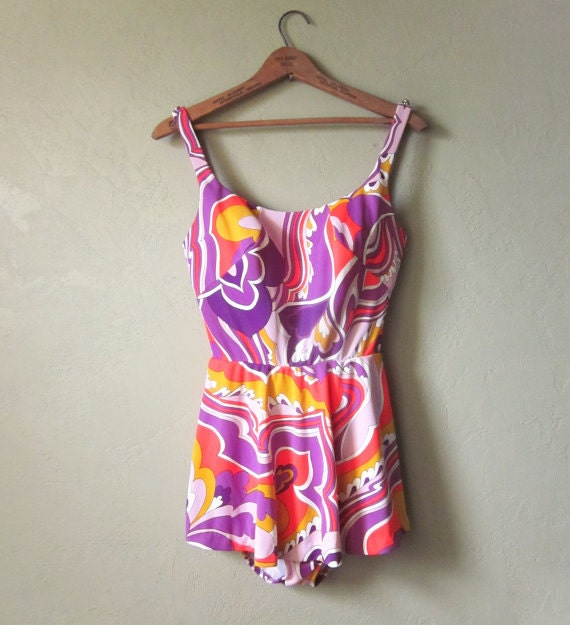 Vintage Mod 60s Bathing Suit // Neon Paisley // Size 12