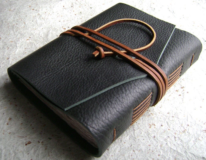 Leather Journal, deep forest green with rustic orange-brown tie closure, handmade rustic journal