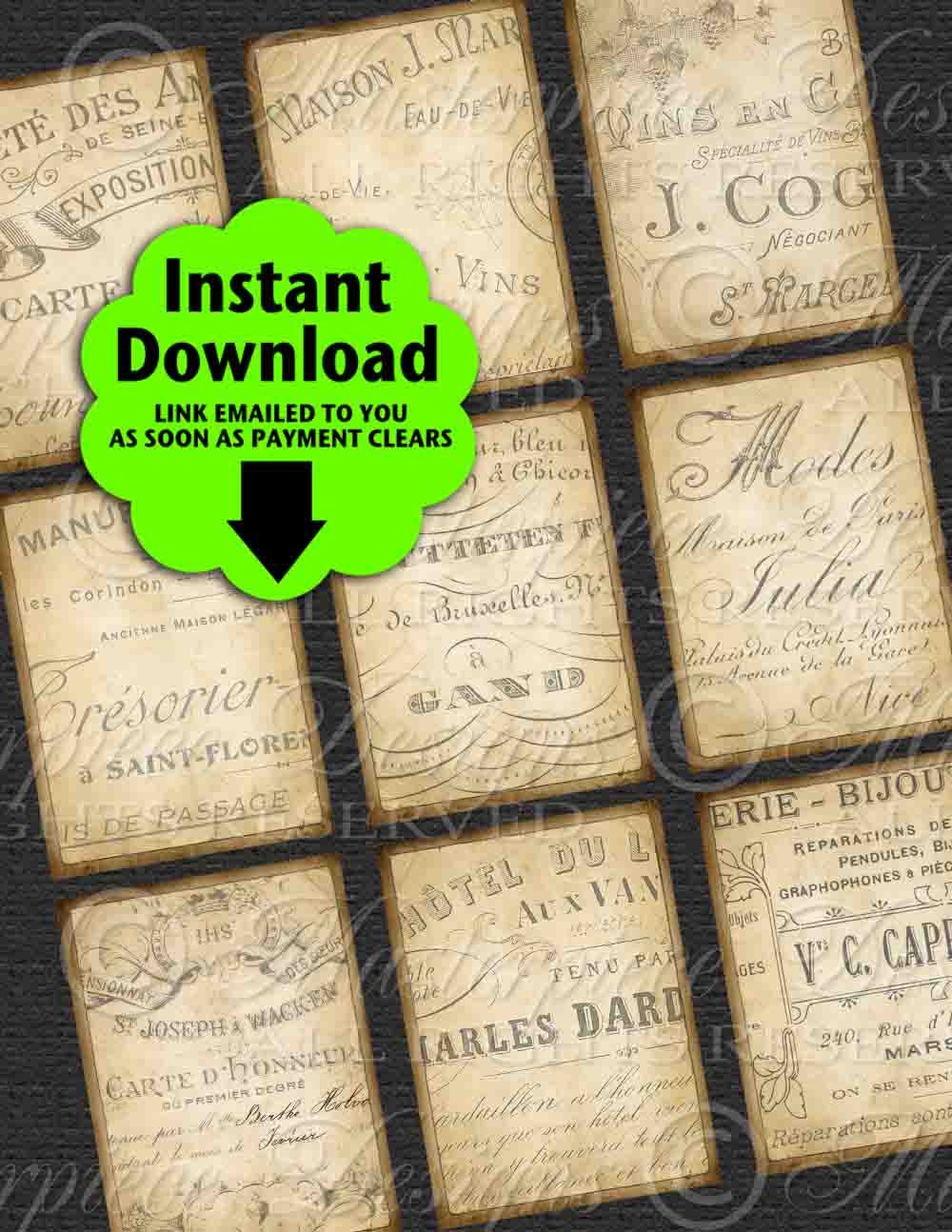 Old Paper / Faded French - 2"x3" Designs/Gift Tags/Hang Tags Instant Download and Print Digital Sheet