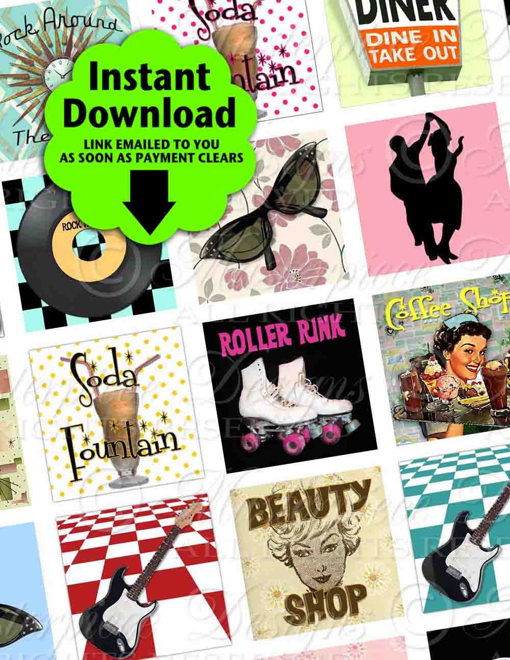 Somewhere In The 50s / 1950s / Retro - INSTANT DOWNLOAD 1x1 Inch Square Tiles Digital JPG Collage Sheet