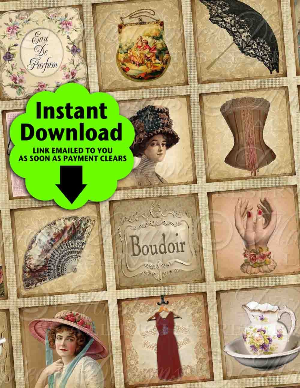 Mademoiselle's Boudoir / Dressing Room / Vanity / Ladies - INSTANT DOWNLOAD 1x1 Inch Square Tiles Digital JPG Collage Sheet
