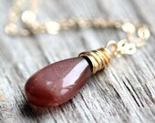 Rosewood Necklace - Dark Blush Sillimanite Cat's Eye Gemstone Wire Wrapped in Gold Fill - Summer Fashion