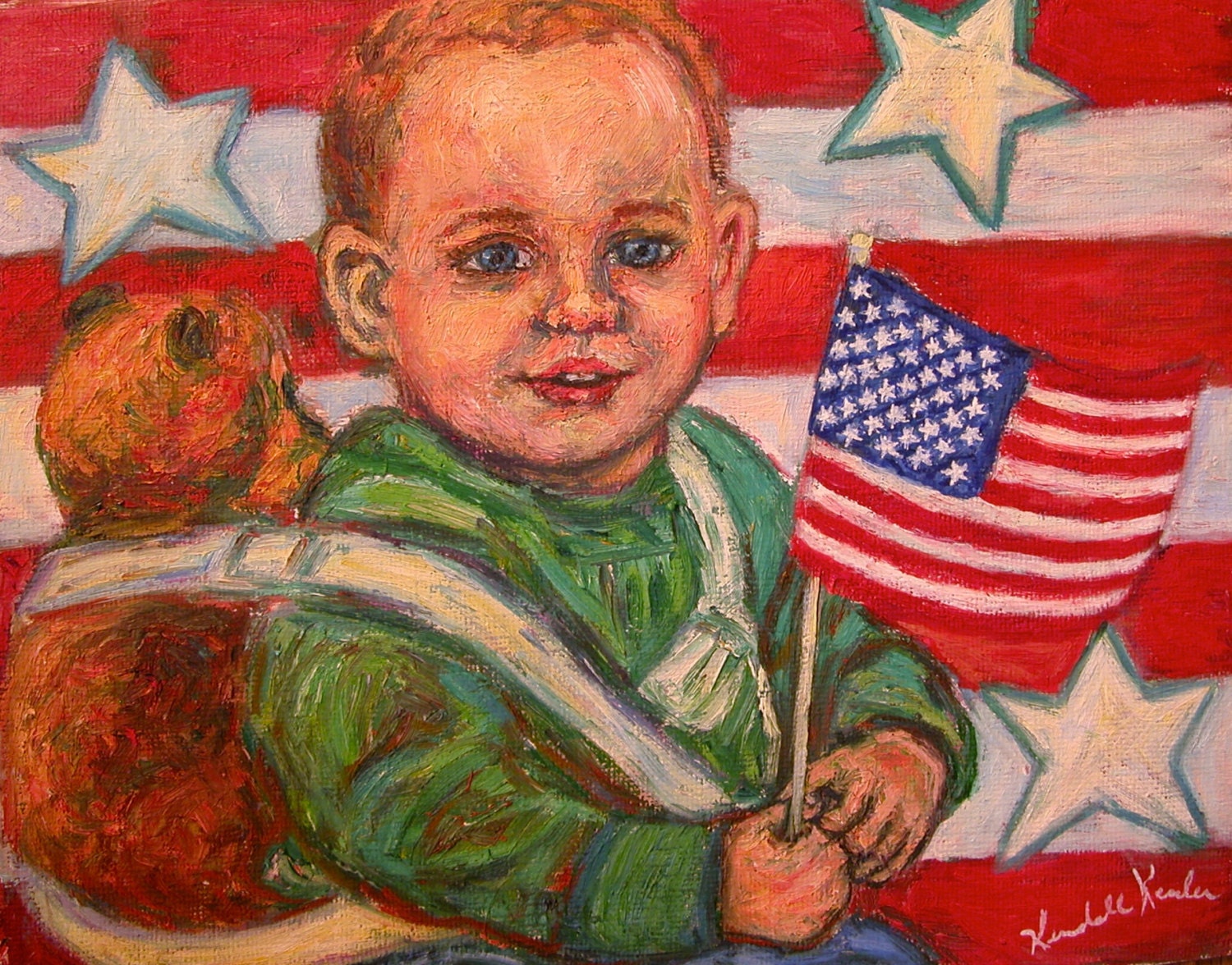Liberty Art 8x10 Impressionist oil painting of child with flag by Award Winning Artist Kendall Kessler