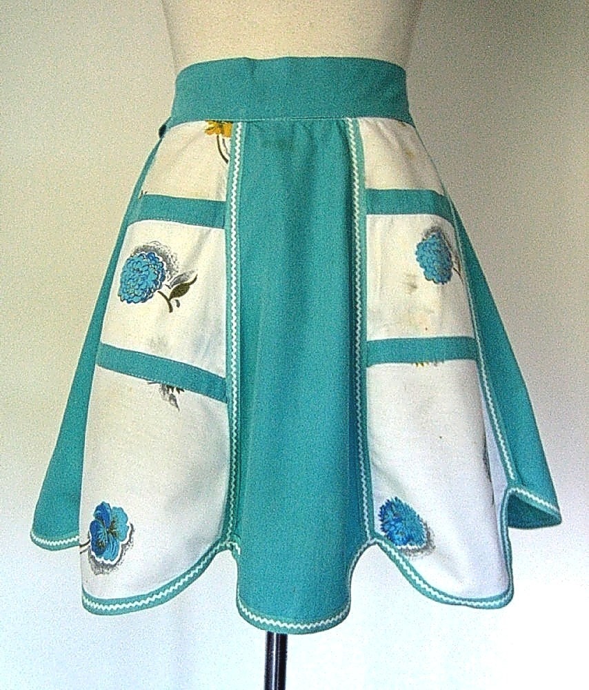 APRON Kitchen Pinafore Cook Chef Skirt Cover Vintage Aqua Blue Tear Drop Cut