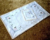 RUNNER Table Scarf Set2 Vintage Linen Hand Embroidered Blue Pink Black Lace Trim