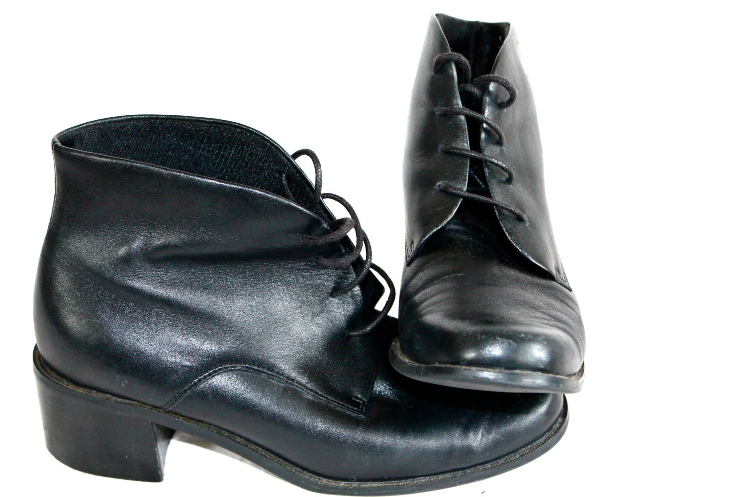 1980s Vintage Black Leather Ankle Boots Size 6