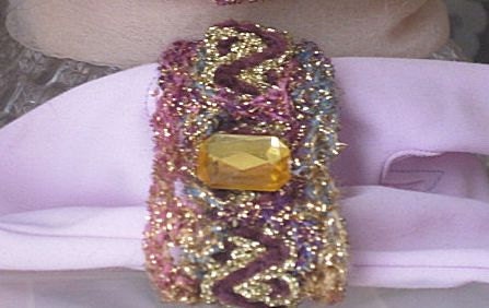 Bracelet Crochet Gold and Purple Sparkling Yarn and Center Gold Rhinestone and AT Each End Handmade on Etsy