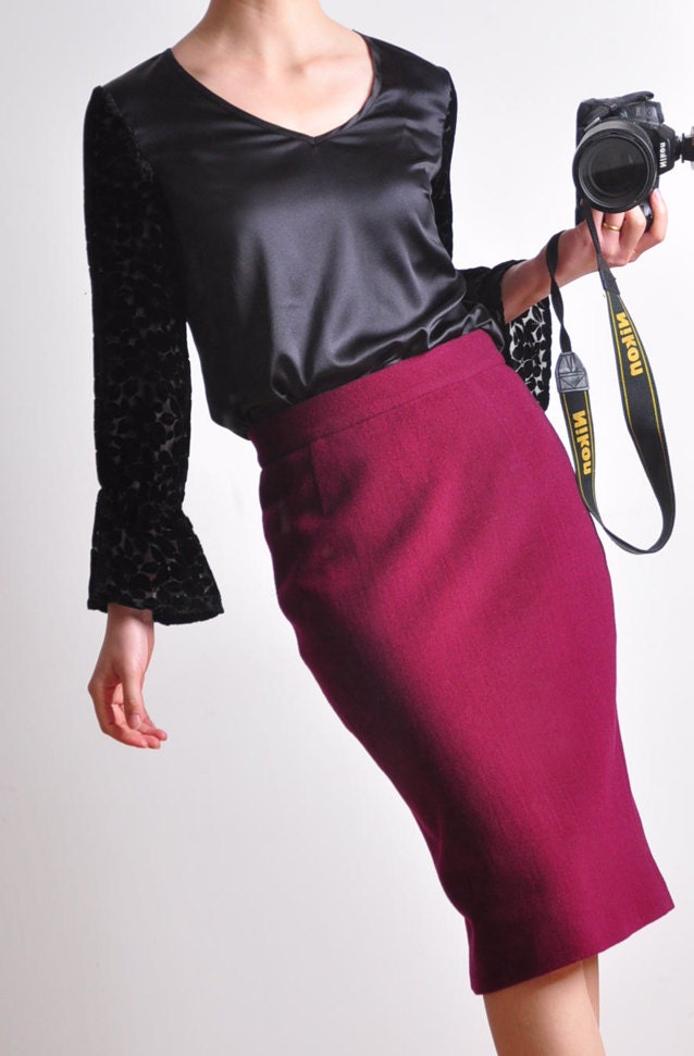 Violet Purple Cashmere Wool High Waisted Long Pencil Skirt