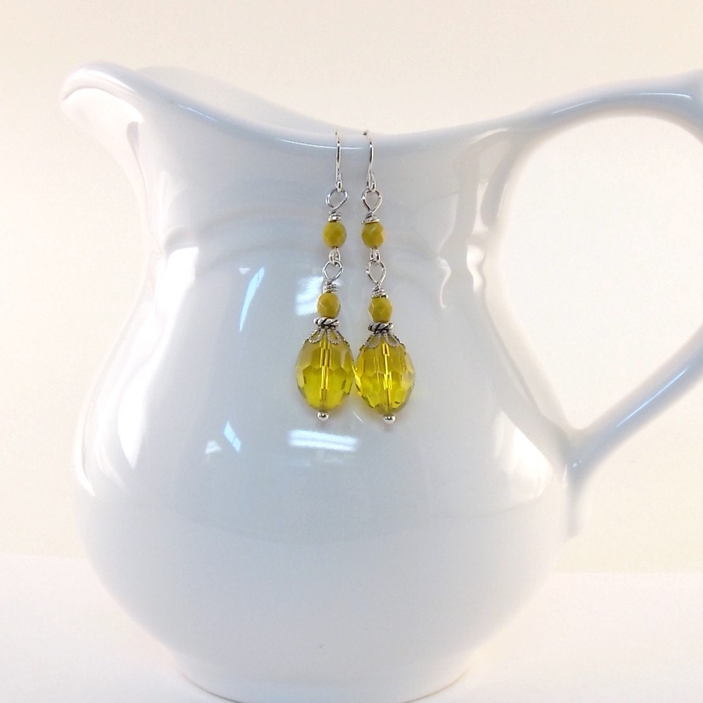 Yellow Crystal Earrings Czech Glass Mustard Silver Beaded Wires