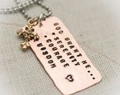 Serenity Prayer Pendant Necklace in Copper and Brass with Cross Charm Hand Stamped Personalized