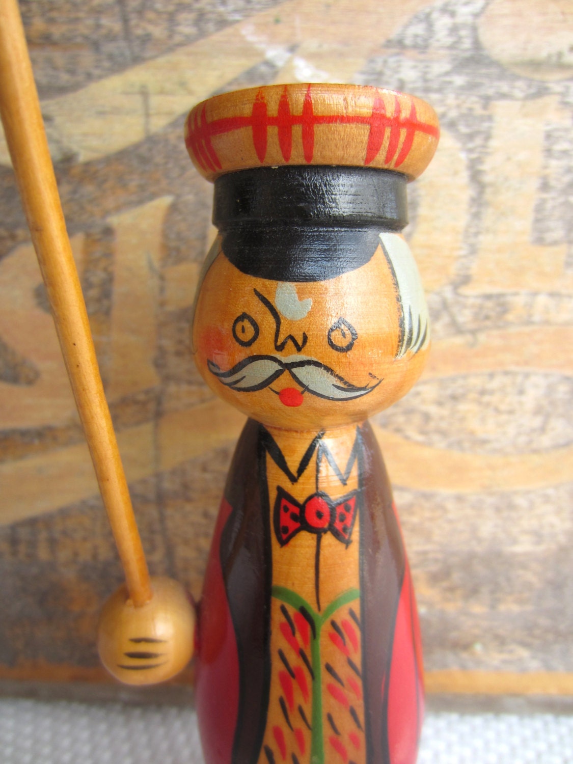 Vintage Mid Century Hand Painted Man with Parasol Japanese Wooden Figure