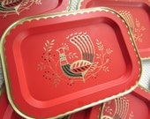 Vintage Mid Century Bird Red and Gold Tray Set