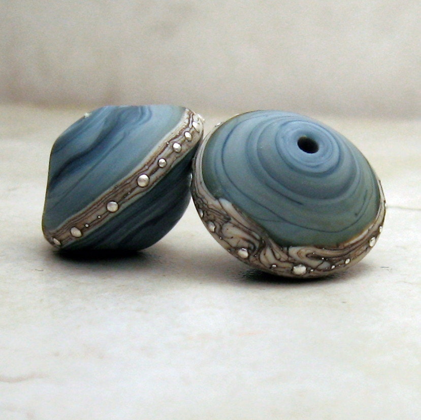 Lampwork Glass Bead Set Earring Pair - Etched  Denim Blue Bicone