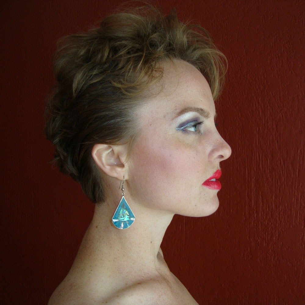 Vintage 1970's Mexican Alpaca Crushed Turquoise And Abalone Tear Drop Dangling Pierced Earrings
