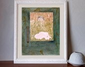 Painting paper 20x16 golden birds green, poem, flowers, ink, pink gray Spanish Art