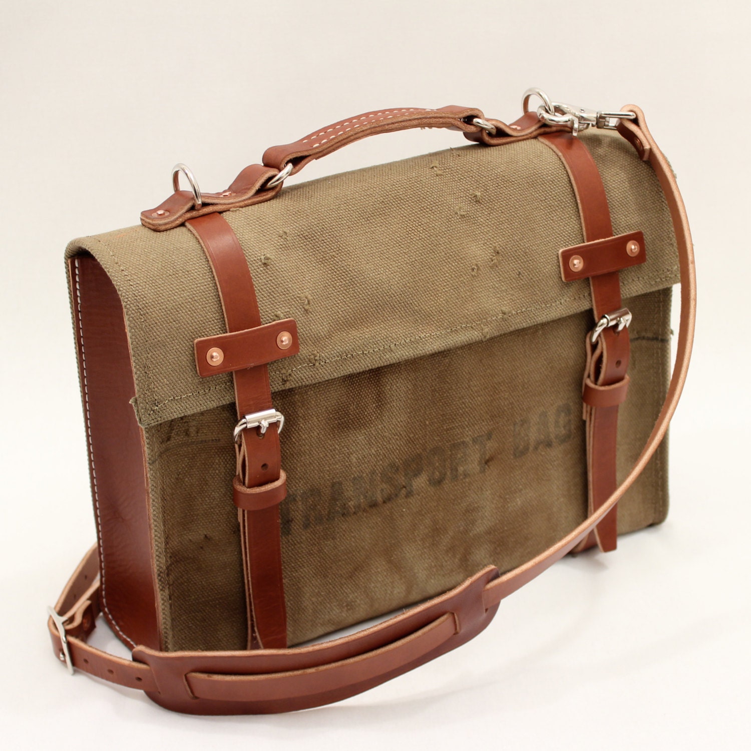 Repurposed Canvas and Leather Satchel / Briefcase / Laptop Bag - Model A Transport Bag