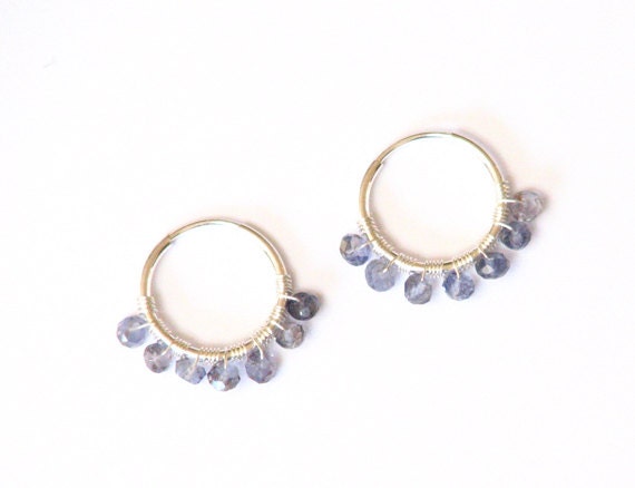 Sedna- iolite wire wrapped sterling silver endless hoops- small blue gemstone circle earrings- petite- simple- minimalist