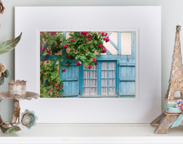 SALE - French Country Photography, Cottage with Blue Shutters and Roses, Travel Photography, 5 x 7 Fine Art Photograph in 8 x 10 Double Mat