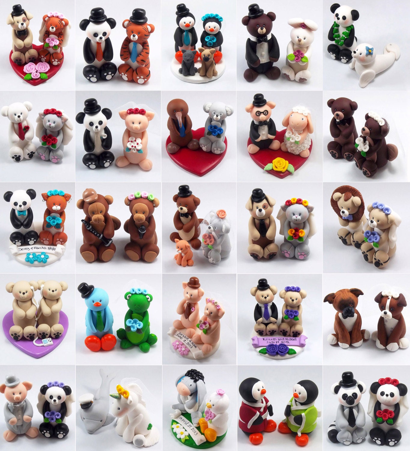 Custom Wedding Cake Topper, Brown Dog and Grey Racoon Couple, Personalized Figurines, Made To Order