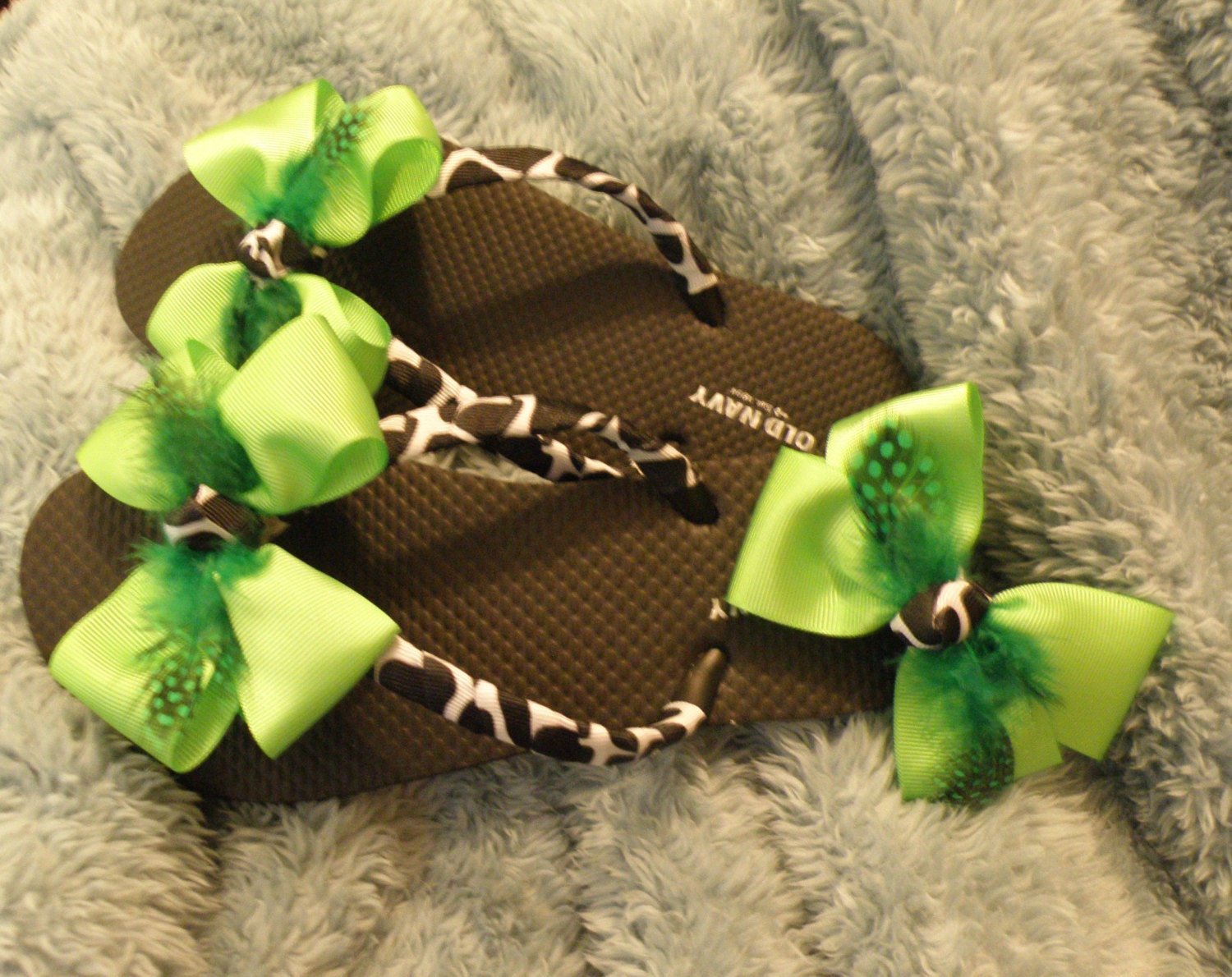 Lime Green and Giraffe Ribbon Double Bow Flip Flops Child Flip Flops Teen Flip Flops Adult Flip Flops Party Flip Flops Matching Barrette