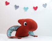 Eco Plush Pterodactyl Dinosaur in Coral Orange Wool with Teal Typewriter Accents Handmade with Upcycled, Recycled, & Eco Friendly Materials