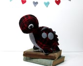 Eco Plush Brontosaurus Dinosaur in Red Plaid Wool with Charcoal Gray Accents - Handmade with Upcycled, Recycled, & Eco Friendly Materials - ecoLEFTZ