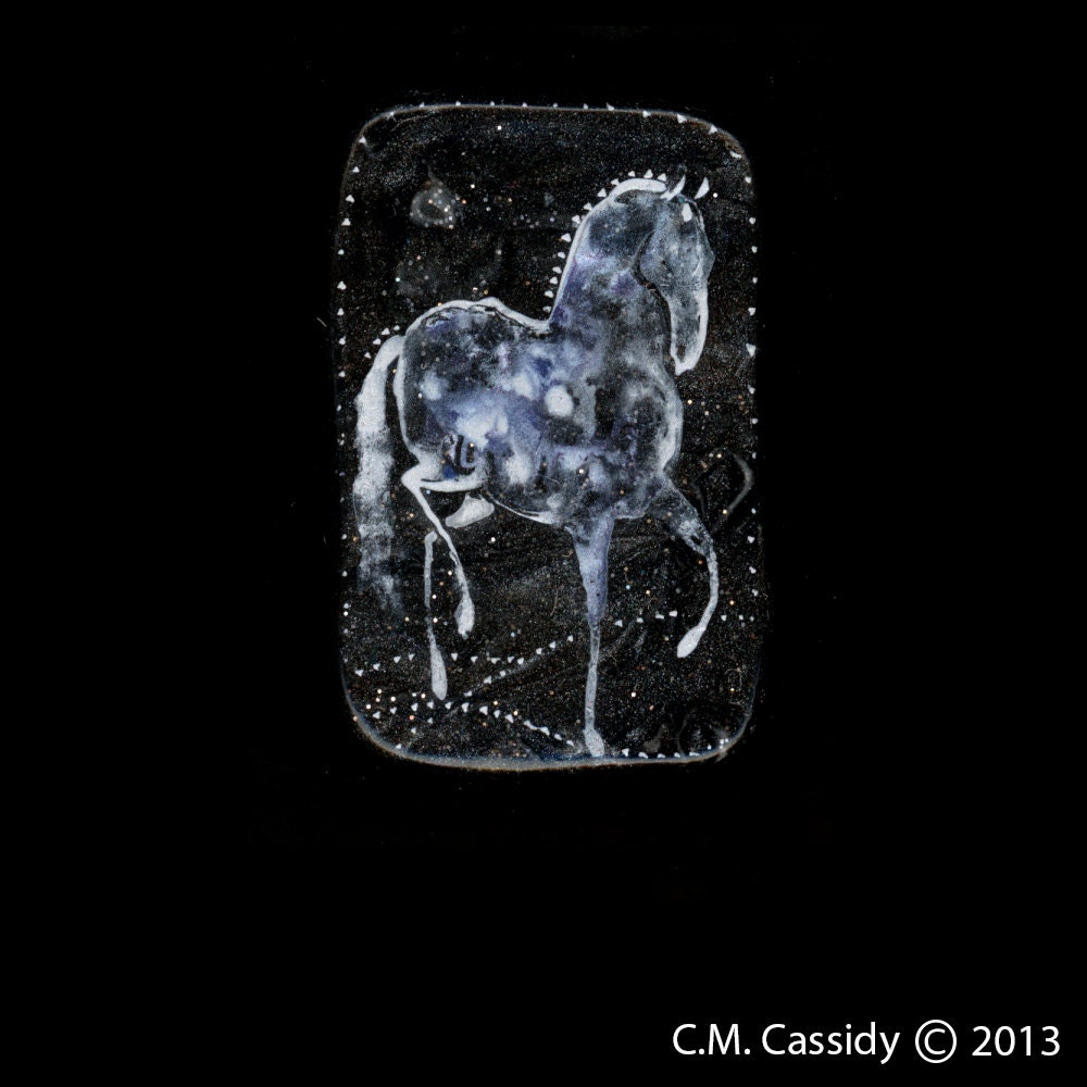 Moonlight Night Horse at a Trot Pendant.  Ink Drawing on Polymer Clay with Black 18 Inch Rubber Cord. 3066