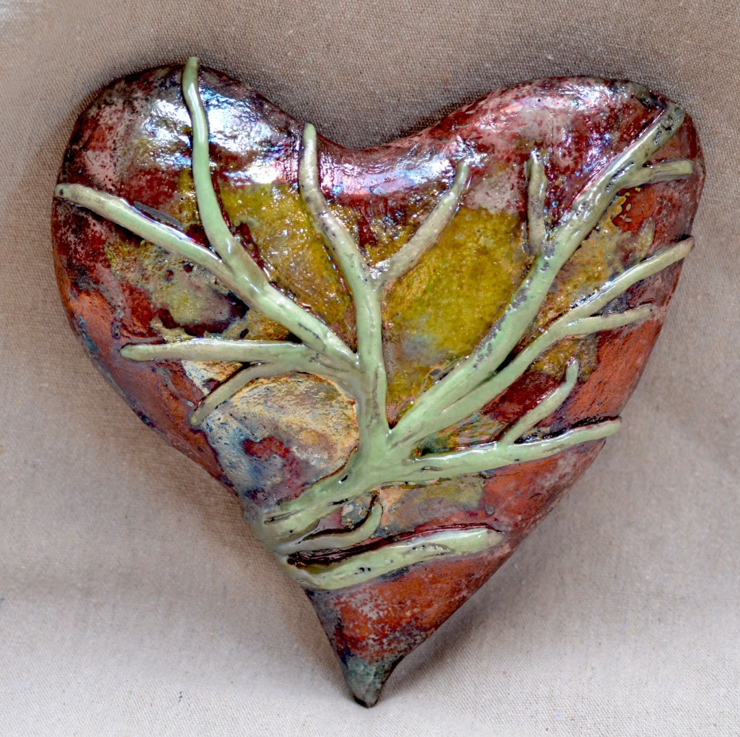 Raku Ceramic Heart Wall Sculpture. GREEN AT HEART.  Copper Green Raku Heart. Anniversary, Hand Built Ceramics. Birthday Gift.