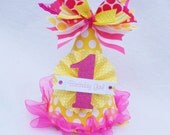You Are My Sunshine Birthday Party Hat in Yellow and Hot Pink Polka Dot