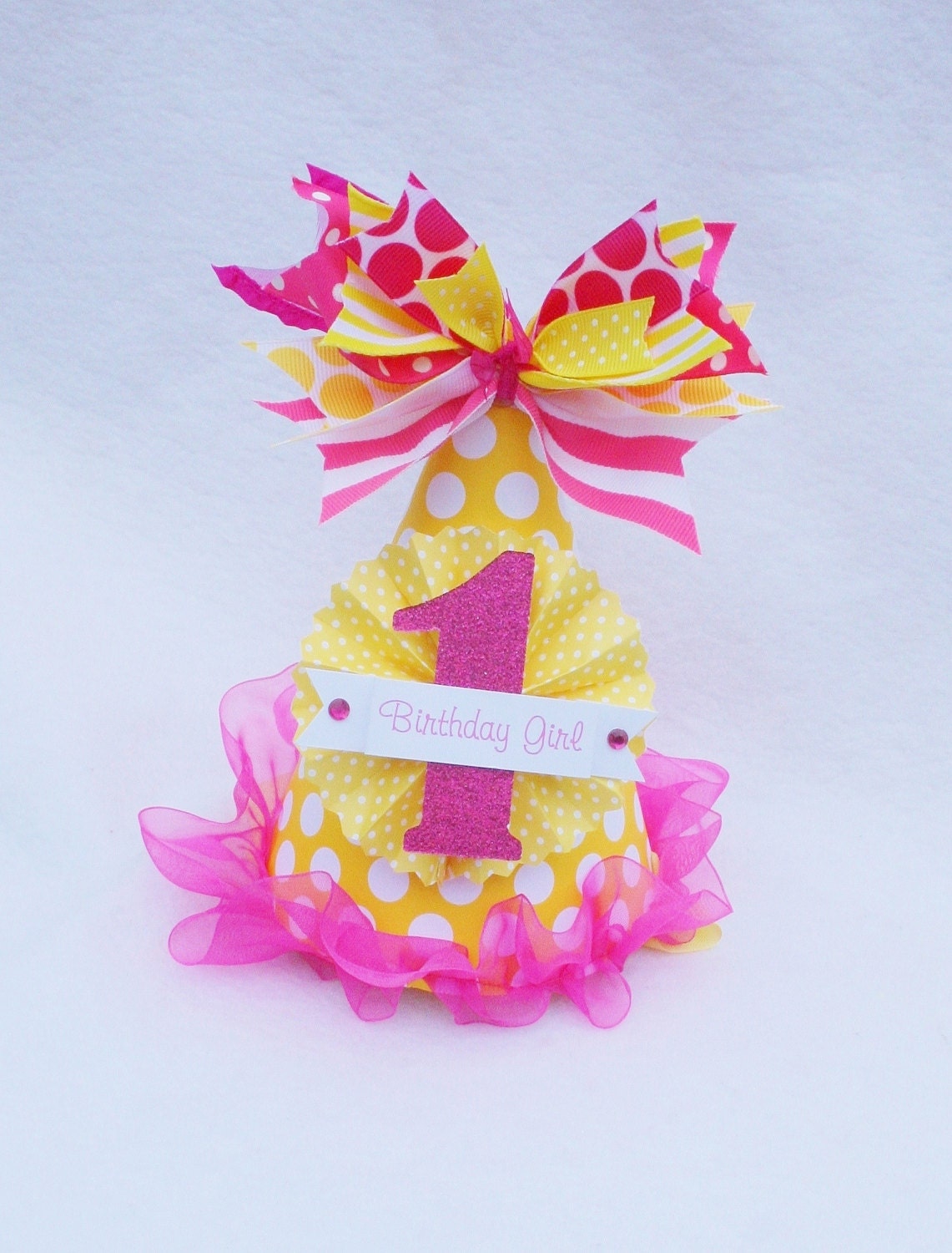 You Are My Sunshine Birthday Party Hat in Yellow and Hot Pink Polka Dot