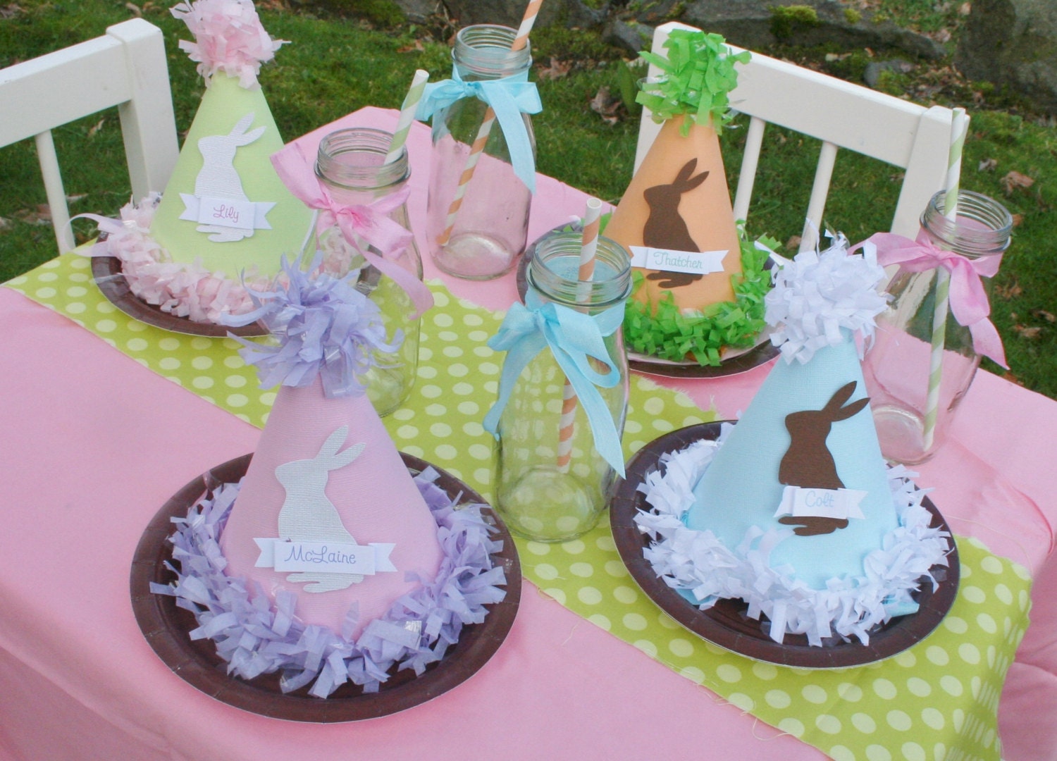 Pastel Easter Party Hat with Bunny Rabbit for childrens name card or centerpiece