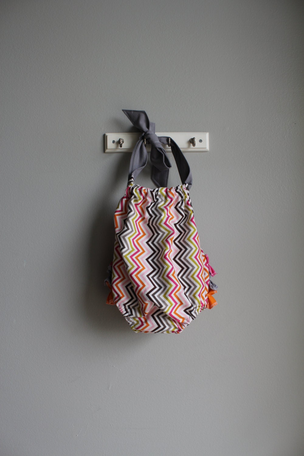 Ruffled Sun Suit for Girls- Size 3-6 Month- Baby Spring/Summer Romper- Colorful Chevron Print- Orange-Pink-Gray
