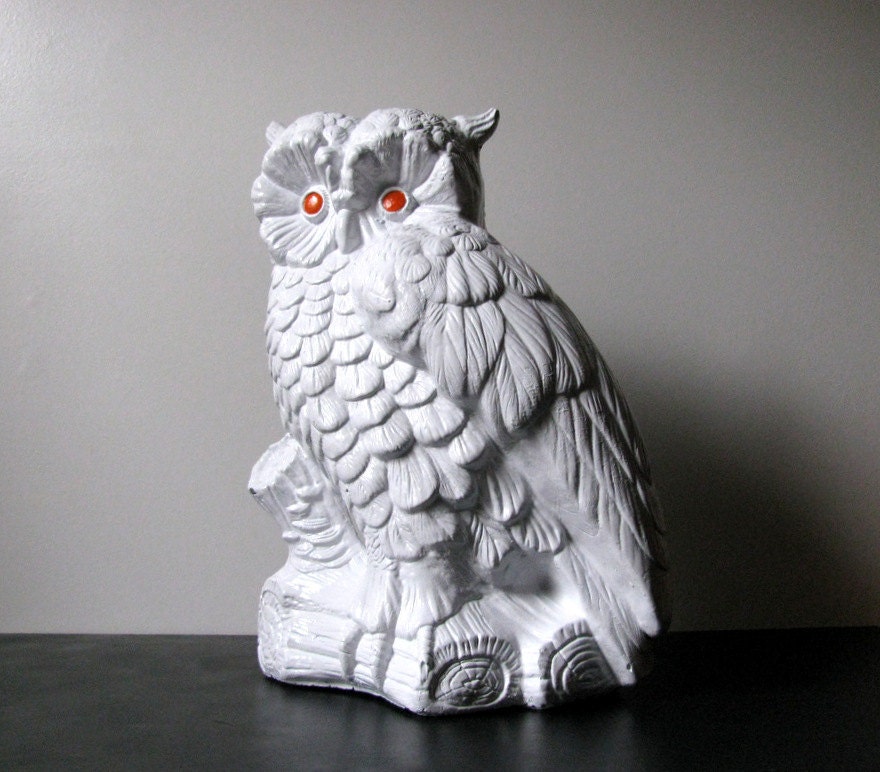 70's Mod Kitschy Huge Orange Eyed White Ceramic Owl